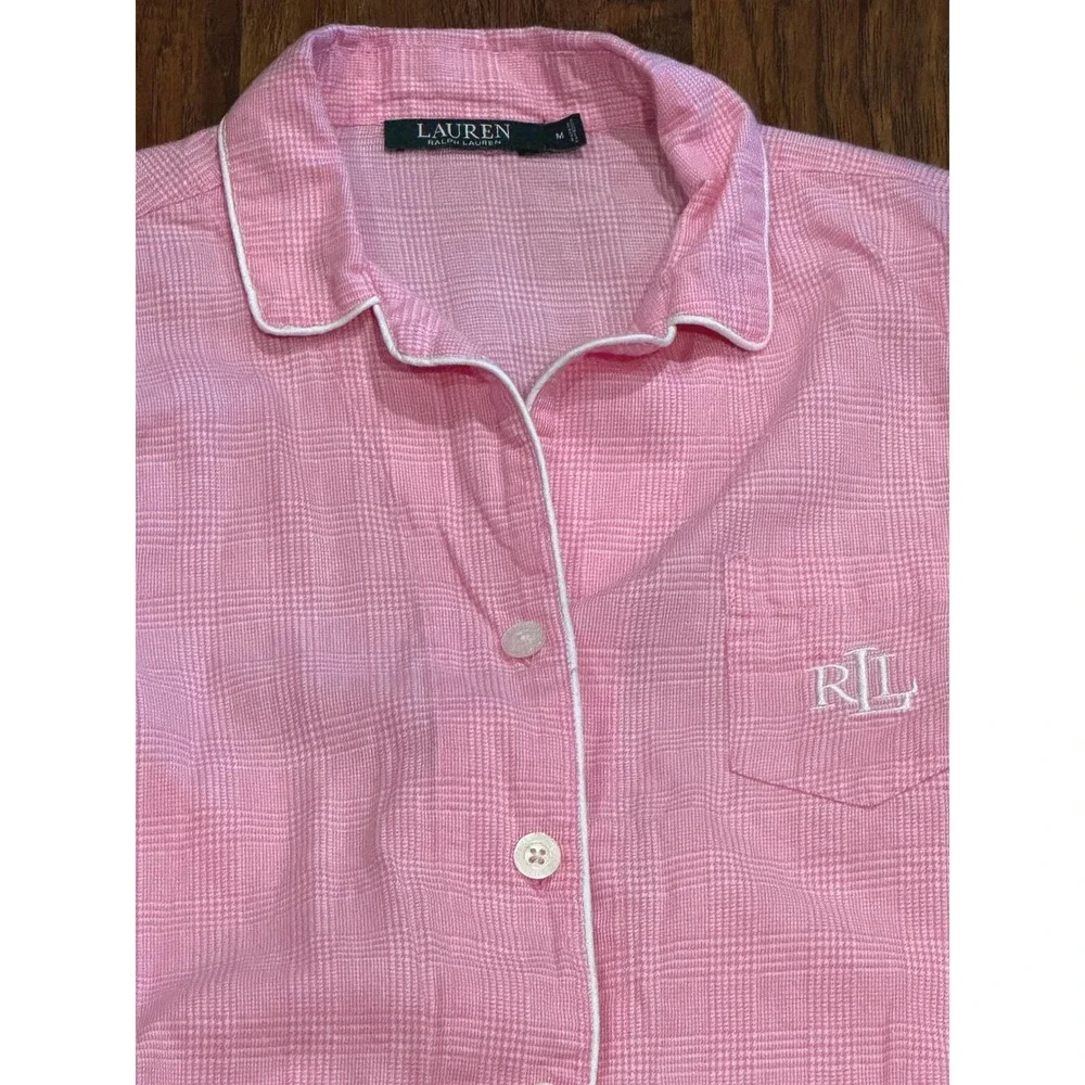 Lauren Ralph Lauren Pajama Set Pink Plaid Cotton Long Sleeve Button Down Medium